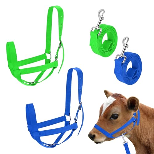 M METERXITY 2-Pack Adjustable Cattle Cow Calf Halter, 18.9"-23.23" Nylon Livestock Cow Halter with Leading Rope for Miniature Horse/Donkey/Goat/Cattle [Green, Blue] - color: Green, Blue, size: 18.9"-23.23"