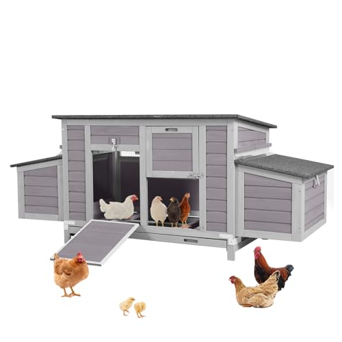 Aivituvin Large Wooden Chicken Coop, Double Nesting Boxes, Waterproof Asphalt Roof, Stainless Steel Hardware, Pull-Out Tray, Secure Poultry House for 2–4 Chickens - color: Grey, size: 67.0"L x 25.0"W x 28.0"H