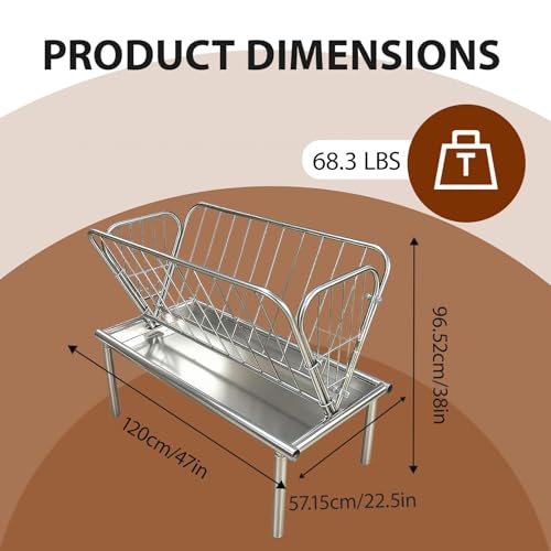 47"x22.5"x38" Heavy-Duty Galvanized Steel Hay Feeder, 30 Gallon, 2-in-1 Grain & Hay, 6" Wide Pan, All-Weather Outdoor Pasture Feeder for Livestock
