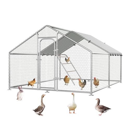 Large Metal Chicken Coop with Waterproof and UV-Resistant Cover,Chicken Run Outdoor Walk-in Cage Rabbit Duck Hen House for Yard Farm Use Spire Roof (10’ W x 9.9’ L x 6.4’ H)