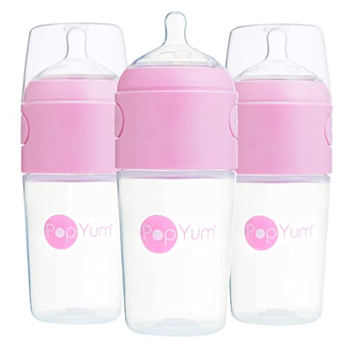 PopYum 9 oz Pink Anti-Colic Formula Making Baby Bottles, 3-Pack | #2 Medium Flow Nipples, 260 ml, BPA-Free, Natural Latch, Mixing Dispenser - color: Pink, size: 9 Ounce (Pack of 3)