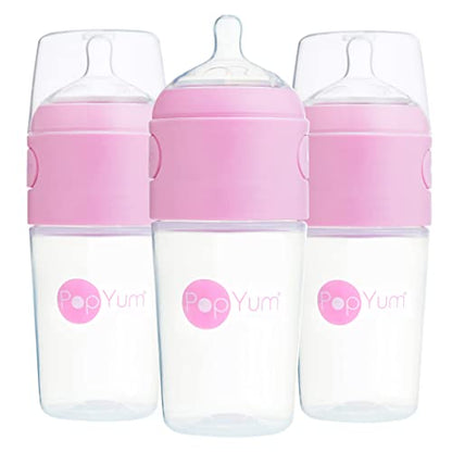 PopYum 9 oz Pink Anti-Colic Formula Making Baby Bottles, 3-Pack | #2 Medium Flow Nipples, 260 ml, BPA-Free, Natural Latch, Mixing Dispenser - color: Pink, size: 9 Ounce (Pack of 3)