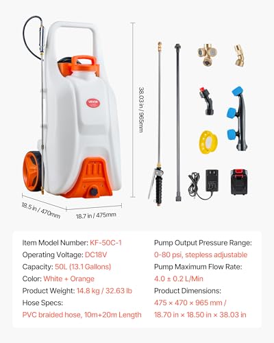 VEVOR 13.1 Gallon Battery Powered Sprayer with Wheels, Adjustable 0-80 PSI, 5 Nozzles and 98ft Hose Included, Orange - size: 13.1 Gal