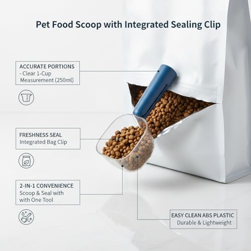 Pet Food Scoop with Built-in Bag Sealer, Durable PP Measuring Cup for Dry Kibble, 13-Inch Long Handle (Pink, Blue, Green) - color: Blue