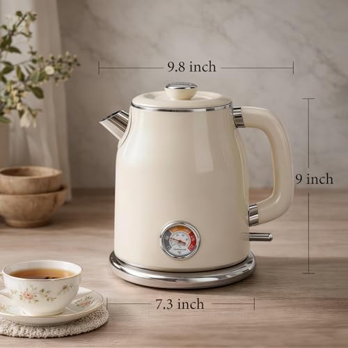 Mecity Retro Electric Kettle 1.7L, Stainless Steel Interior, Food-Grade Silicone Water Contact, Double Wall Cool Touch, 1500W Fast Boil, Thermometer (°F/°C), Wide Opening, Cream - color: Cream
