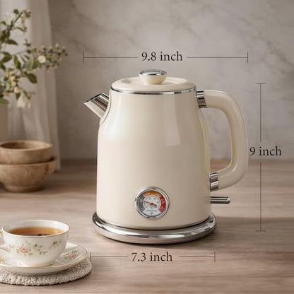 Mecity Retro Electric Kettle 1.7L, Stainless Steel Interior, Food-Grade Silicone Water Contact, Double Wall Cool Touch, 1500W Fast Boil, Thermometer (°F/°C), Wide Opening, Cream - color: Cream