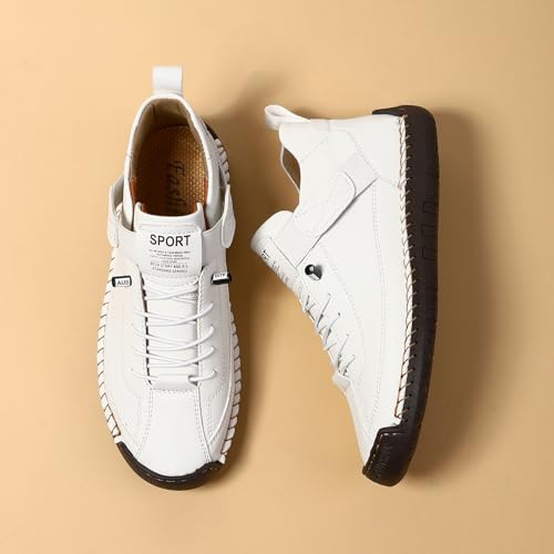 Womens Hand Stitching Leather Slip-On Ankle Boots with Adjustable Elastic Band Casual Lightweight Non-Slip Walking Loafers Retro High Top Flat Boat Shoes - color: White, size: 8 Wide