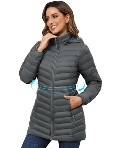 ROYAL MATRIX Women's Packable Puffer Jacket - Lightweight Winter Warm Long Quilted Puffer Coat with Detachable Hood - color: Deep Grey, size: Small