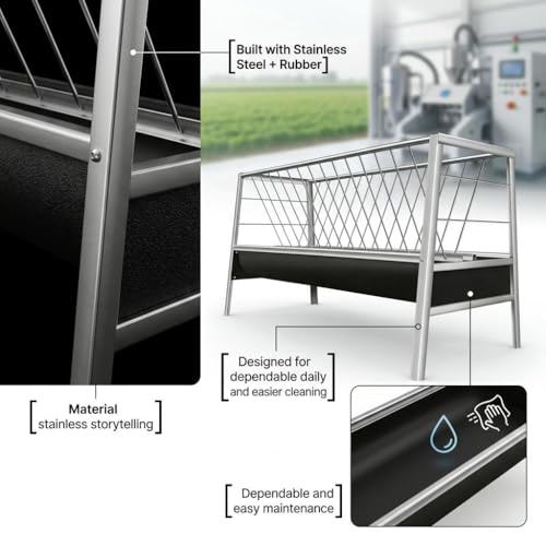 59 Inch Livestock Feeder 77 Gallon Capacity, Heavy Duty Stainless Steel Hay Feeder with Deep Rubber Grain Trough for Goats, Sheep and Horses, Barn or Pasture Use