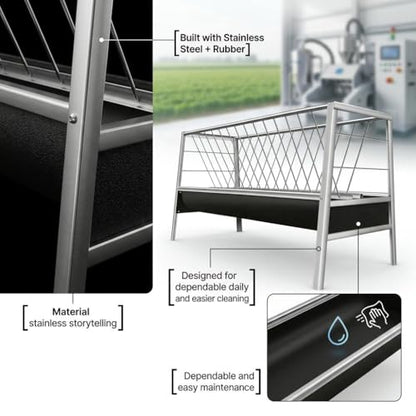59 Inch Livestock Feeder 77 Gallon Capacity, Heavy Duty Stainless Steel Hay Feeder with Deep Rubber Grain Trough for Goats, Sheep and Horses, Barn or Pasture Use
