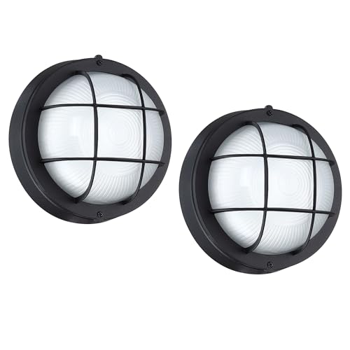 Round Bulkhead Light, Outdoor LED Nautical and Sauna Lamp | Dimmable, 8 Inch 1500 Lumen 5000K, Aluminum, Glass, Water-proof Wall Lantern Light for Patio, Porch, Garage, Black, 2-Pack - color: 5000K Black, size: 2pk-round