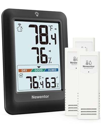 Newentor Indoor Outdoor Thermometer Wireless, Weather Station with 24H 48H All Time Max Min Record, Big Number Outside Inside Thermometer for Patio House, Comfort Indicator, Black with 3 Sensors - color: Black, size: with 3 sensor