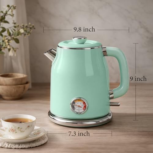 Mecity Retro Electric Kettle 1.7L, Stainless Steel Interior (No Plastic Contact), Double Wall Cool Touch, Fast Boil 1500W, Thermometer (°F/°C), Removable Lid, Wide Opening Easy Cleaning, 120V, Green - color: Light Green