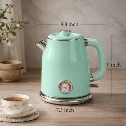 Mecity Retro Electric Kettle 1.7L, Stainless Steel Interior (No Plastic Contact), Double Wall Cool Touch, Fast Boil 1500W, Thermometer (°F/°C), Removable Lid, Wide Opening Easy Cleaning, 120V, Green - color: Light Green
