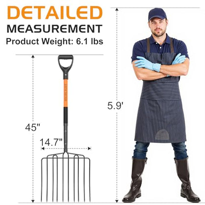 HIGHLIGHT 10-Tine Wide Head Pitch Fork for Manure & Hay, Heavy Duty with Unbreakable Fiberglass Handle, 45-Inch Ergonomic Grip