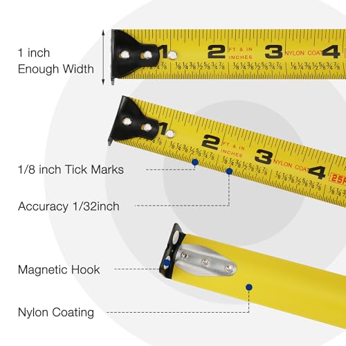 WORKPRO 25FT Auto-Lock Tape Measure, 1/8 Fractions Easy Read Measuring Tape, Double Retract Measurement Tape Accuracy 1/32 for Engineer,with Magnetic Hook, Rubber Protective Casing - color: Blue