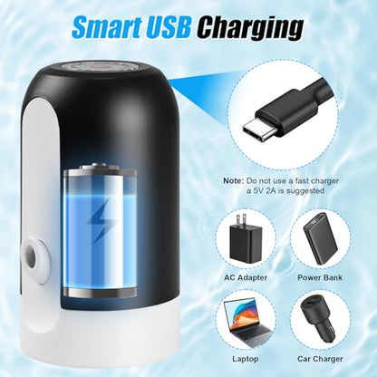 CHIVENIDO 5 Gallon Water Dispenser - Water Bottle Pump with Reusable Cap for Screw Top or Crown Tops, USB Charging Water Jug Dispenser for Universal 2-5 Gallon Bottle - color: Black