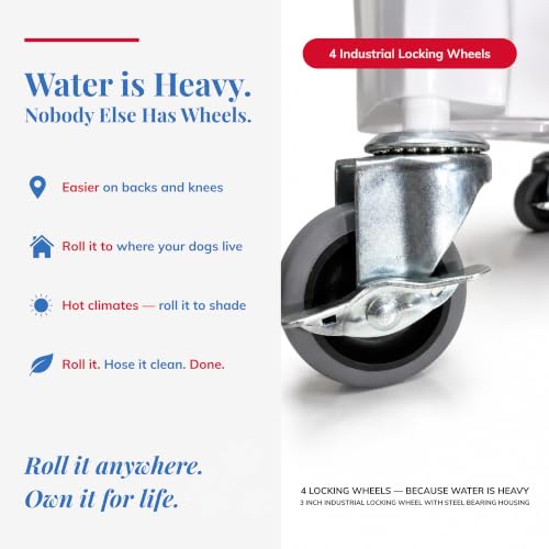 3.5 Gallon Top Fill Gravity-Fed Dog Waterer, Locking Wheels, Food Grade | You know who you are. Choose quality over disposable products, with US support and replaceable parts.