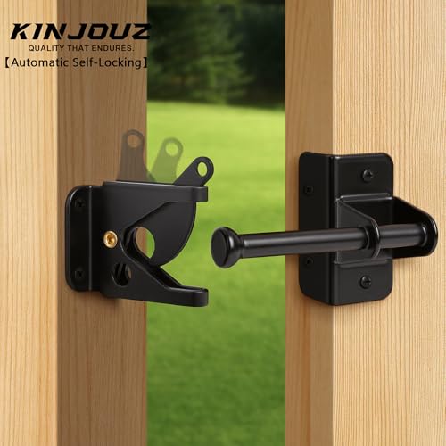 Self Locking Gate Latch for Wooden Fence, Heavy Duty Automatic Gravity Fence Latch for Wood Metal Gate, Gate Hardware Door Lock for Outdoor Pool Garden Shed, Black, 1Pack