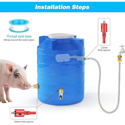 of 5 Stainless Steel Animal Drinking Nipples with PVC Pipe Set for Poultry and Livestock Water Supply Swine Farm Water Structure