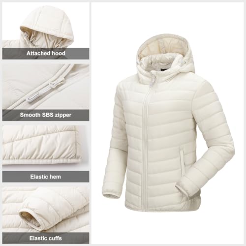 Outdoor Ventures Women's Packable Lightweight Full-Zip Puffer Jacket with Hood Quilted Winter Coat - color: Beige(fold in Pocket), size: X-Large