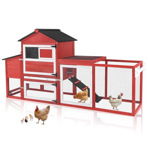 Aivituvin Chicken Coop Expandable Mobile Chicken House for Outdoor with Wheels, Nesting Box, Leakproof Pull-on Tray and UV-Resistant Roof Panel (Red) - color: Red, size: 80.7"L x 22.0"W x 44.1"H