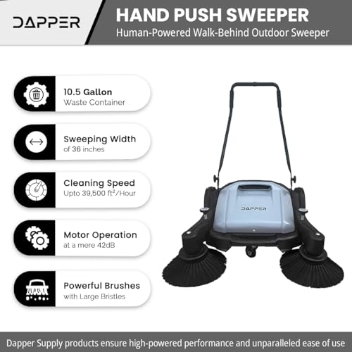 Dapper Supply Walk-Behind Outdoor Hand Push Floor Sweeper - 10.5 Gallon Capacity - 36" Sweeping Width - Sweeps up to 39,500 ft/Hour, Grey - size: 36"