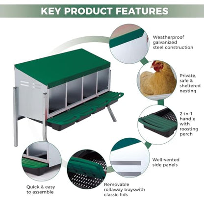 Chicken Nesting Boxes, Heavy-Duty 8-Compartment Metal Chicken Nesting Box – Removable Tray, Ventilation Holes, Easy Egg Collection, Rustproof Galvanized Steel - Green - 4 - Slot - with Legs - color: Green, size: 4 - Slot - With Legs