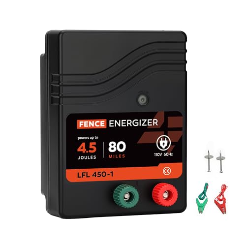 Electric Fence Charger AC Powered 80 Miles 250 Acres, 110 Volt 4.5 Joule Plug-in Electric Fence Energizer, Output Voltage Max 10 kV for Livestock, Preventing Predators from Intruding - size: 4.5 J