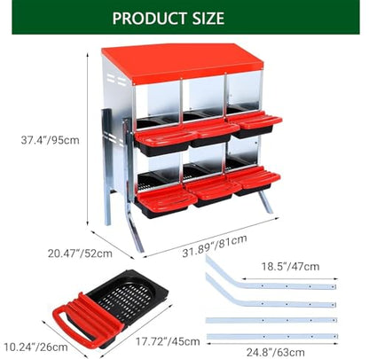 Chicken Nesting Boxes, 6 Holes Metal Chicken Egg Laying Box with Swing Perch and Rollout Egg Collection,for Various Chicken Breeds with Stand - Red 0.6mm - color: Red 0.6mm-6 Holes, size: With Stand