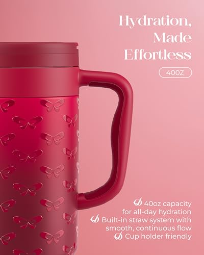40 oz Insulated Tumbler with Handle and Push-Button Straw Lid, Stainless Steel Travel Cup for Gym Office, Leakproof, BPA-Free, Cup Holder Friendly, Bow Silicone Boot, Red (Coquette Cherry) - color: Coquette Cherry