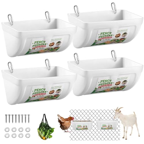 4 Pack Goat Feeders Hanging, 4.5 Quart Chicken Feeder, Rabbit Feeders, with Clips Hanging Fence Feeders, Feed Buckets for Horses, Duck Feeder, Chicken Water Feeder, Poultry Feeding Trough - color: white