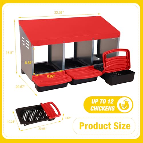 Aivituvin Chicken Nesting Box, 3 Compartments Chicken Egg Laying Box, Metal Nesting Boxes with Swing Perch for Chickens, Roll Away Egg Collection for Chicken Coop (Red) - color: Red