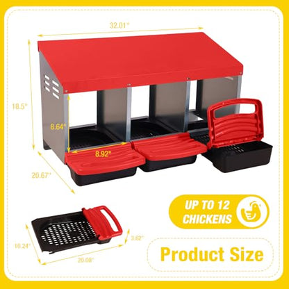 Aivituvin Chicken Nesting Box, 3 Compartments Chicken Egg Laying Box, Metal Nesting Boxes with Swing Perch for Chickens, Roll Away Egg Collection for Chicken Coop (Red) - color: Red