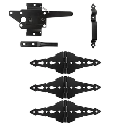 Wood Fence Gate Hardware Kit – Nationwide WI-WWGK-3H – Includes 3 Hinges, Spring Latch, Handle, Drop Rod & Screws – Black Powder-Coated Finish for Single Swing Wood Gates