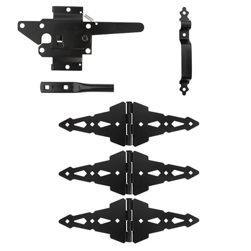 Wood Fence Gate Hardware Kit – Nationwide WI-WWGK-3H – Includes 3 Hinges, Spring Latch, Handle, Drop Rod & Screws – Black Powder-Coated Finish for Single Swing Wood Gates