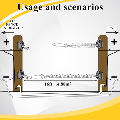 2 Set Electric Fence Gate Kit Contains 16 Feet Long Compressed Spring Black Insulators and Other Fasteners Wooden Post Electric Fence Handle Set with Anchors for Pasture Garden