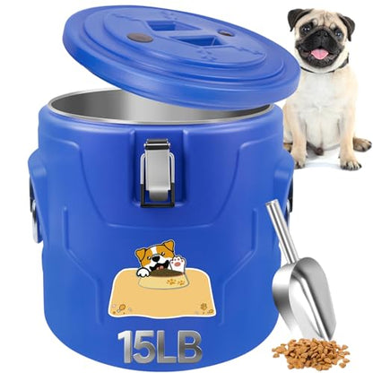 Newget 15lb Dog Food Storage Container, Stainless Steel Airtight Pet Food Storage Container and Durable Plastic Food Container, Large Metal Cat Food Container with Lid and Scoop to Keep Fresh - size: 15 lb