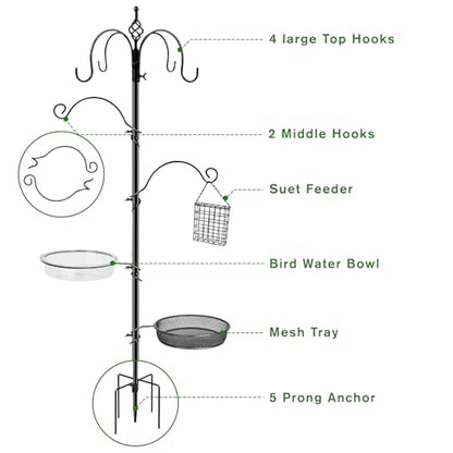 Bird Feeding Station, 90.55in 6-Hook Wild Bird Feeder Stand Pole with Water & Mesh Tray Humming Bird Feeders for Outdoors Easy Assembly for Courtyards Gardens (Black) - size: 90.55in