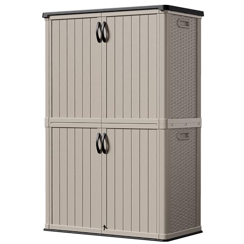 Devoko Outdoor Storage Cabinet 50 Cu Ft with Lockable Doors, Vertical Storage Shed Waterproof Patio Tools Storage Box for Sofa Cushions, Gardening Tools and Accessories (Beige) - color: Beige, size: 50 Cu Ft/Vertical