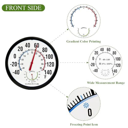 Circrane 13.25 Inch Round Thermometer with Hygrometer, Large Indoor Wall Patio Bimetal Weather Thermometer, No Battery Required, Black - color: Black