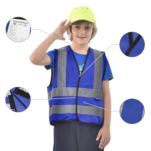 AYKRM Kids High visibility viz vest hi vis viz reflective safety vests - color: Blue-logo, size: 10-14Y