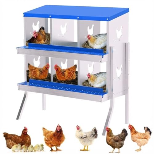 Chicken Nesting Box,6 Holes Galvanized Steel Metal Chicken Laying Box with Automatic Roll-Away Egg Collection System & Removable Tray,Wall Mount Nesting Boxes - color: Blue, size: 6 Holes with Legs