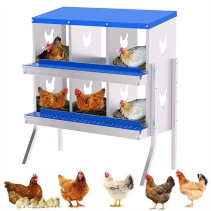 Chicken Nesting Box,6 Holes Galvanized Steel Metal Chicken Laying Box with Automatic Roll-Away Egg Collection System & Removable Tray,Wall Mount Nesting Boxes - color: Blue, size: 6 Holes with Legs
