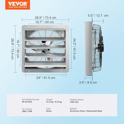 VEVOR 24'' Exhaust Fan, Wall Mounted Attic Fan with Variable Speed, 3320 CFM, Automatic Shutter, Ventilation and Cooling, Silver, Fan Only - size: 24 Inch