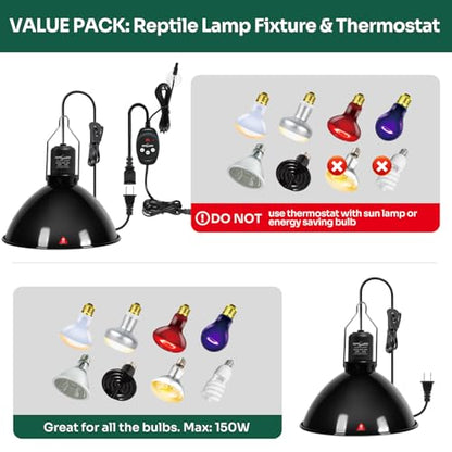 REPTI ZOO Reptile Light Fixture Dimming Thermostat Combo Pack, 8.5 Inch Deep Dome Lamp Fixture Max 150W, PID Reptile Thermostat Temperature Controller for Reptile Heat Lamp Bulb - size: 8.5 Inch