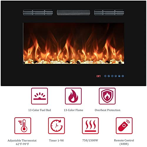 36" Electric Fireplaces Inserts, Recessed & Wall-Mounted Fireplace Heater with Thermostat, Multicolor Flames,Timer, Log & Crystal, 750/1500W - size: 36 inch