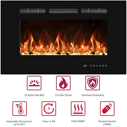 42" Electric Fireplaces Inserts, Recessed & Wall-Mounted Fireplace Heater with Thermostat, Multicolor Flames,Timer, Log & Crystal, 750/1500W - size: 42 inch