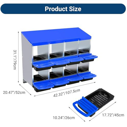 Chicken Nesting Boxes,8 Hole Metal Roll Away Eggs Laying Boxes with Ventilation Holes，Rustproof Plastic Tray & Keyhole Mounting, Cleanable Pull Out Nest Box for Hen & Duck, Blue - color: Blue, size: 8 holes