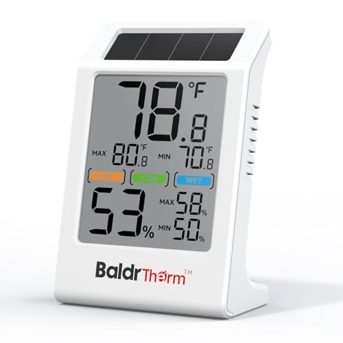 BaldrTherm Room Thermometer Indoor Humidity Meter Solar Powered with Max/Min Memory & Comfort Indicator - 3.2" Large Display for Home, White - color: white 1pack